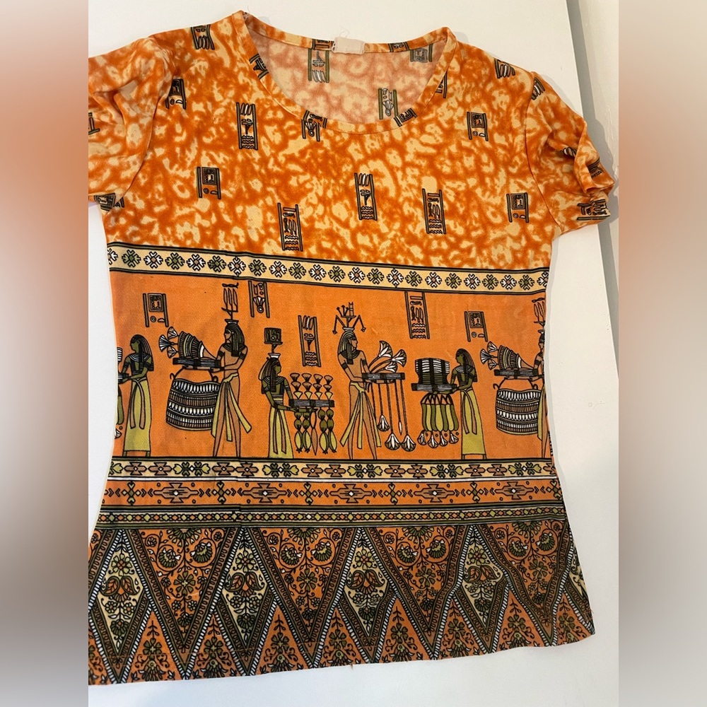 Women's Orange Short Sleeve Tee with Egyptian-Inspired Print